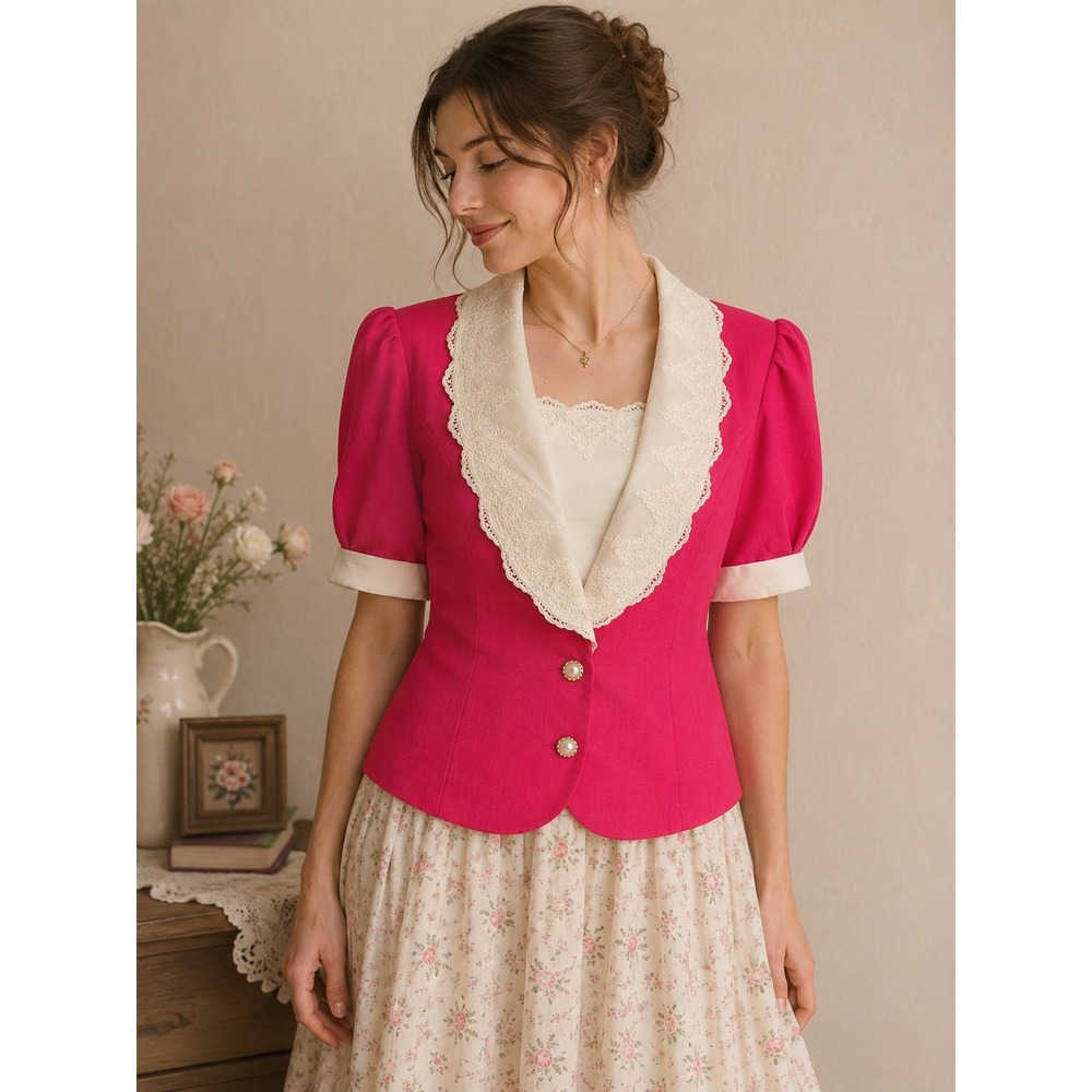 Cottagecore Coquette Granny Chic Romantic Pink Lace Blazer S.L. Fashions 12